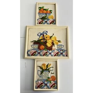 Vintage Set of 3 Completed Framed Crewel Yarn Wall Art Colorful Fruit Farmhouse